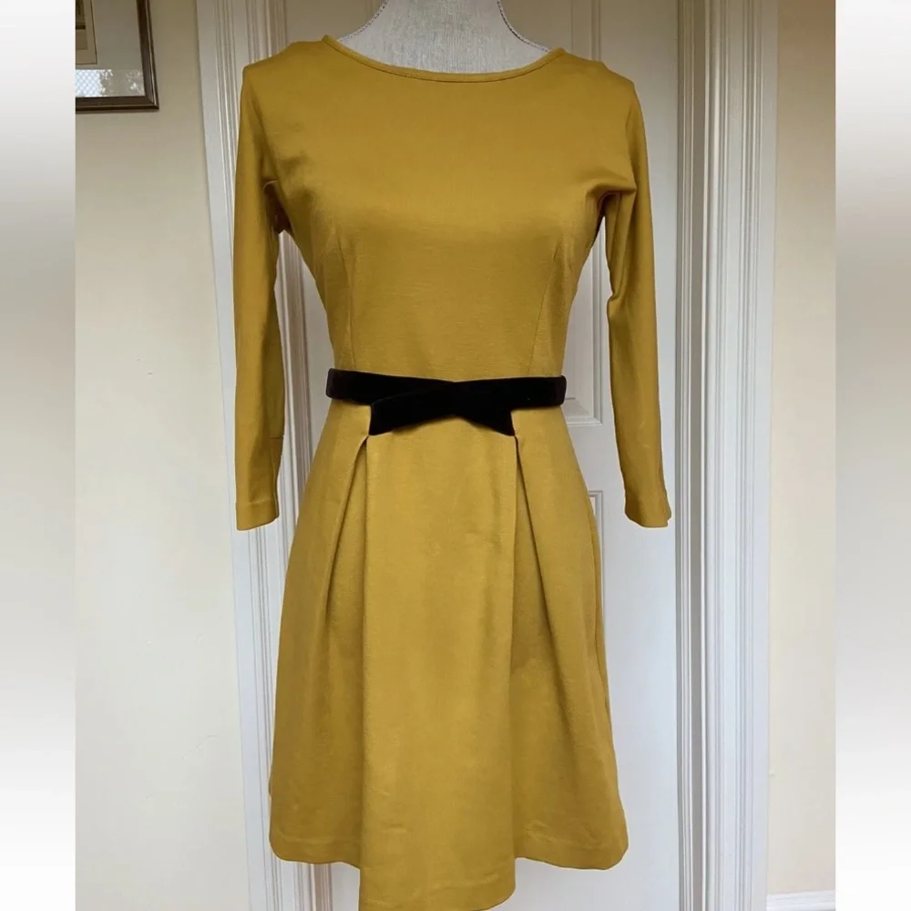 Anthropology Girls From Savoy Dress Mustard Yellow Fit & Flare 3/4 Sleeve XS - Picture 6 of 7